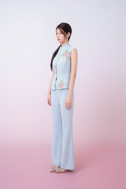 Kaleah Light Blue With Floral Embroidered Flare Pants - Nimisski