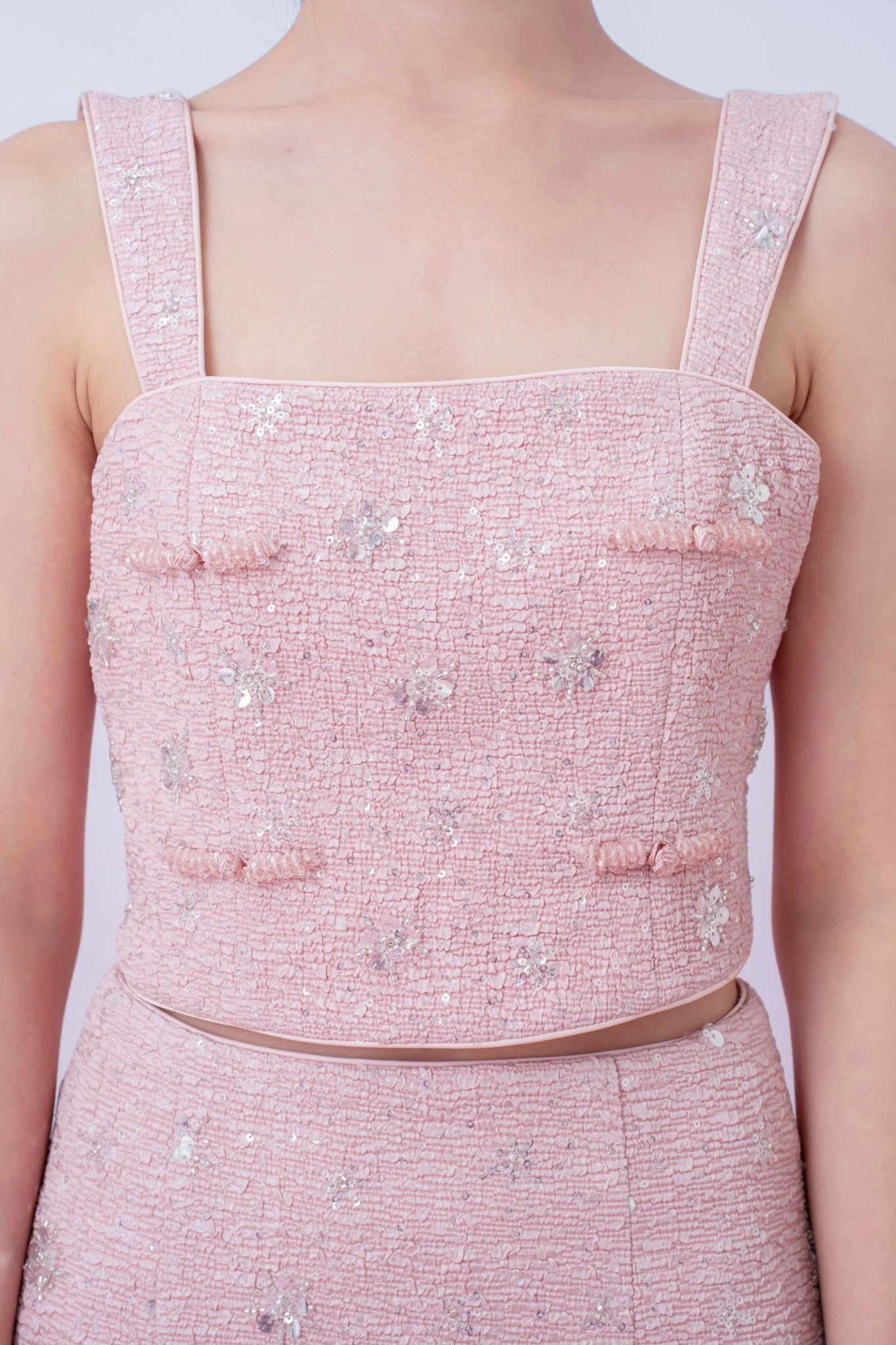 Kaylin Pink Tweed With Embellishments Strap Top - Nimisski