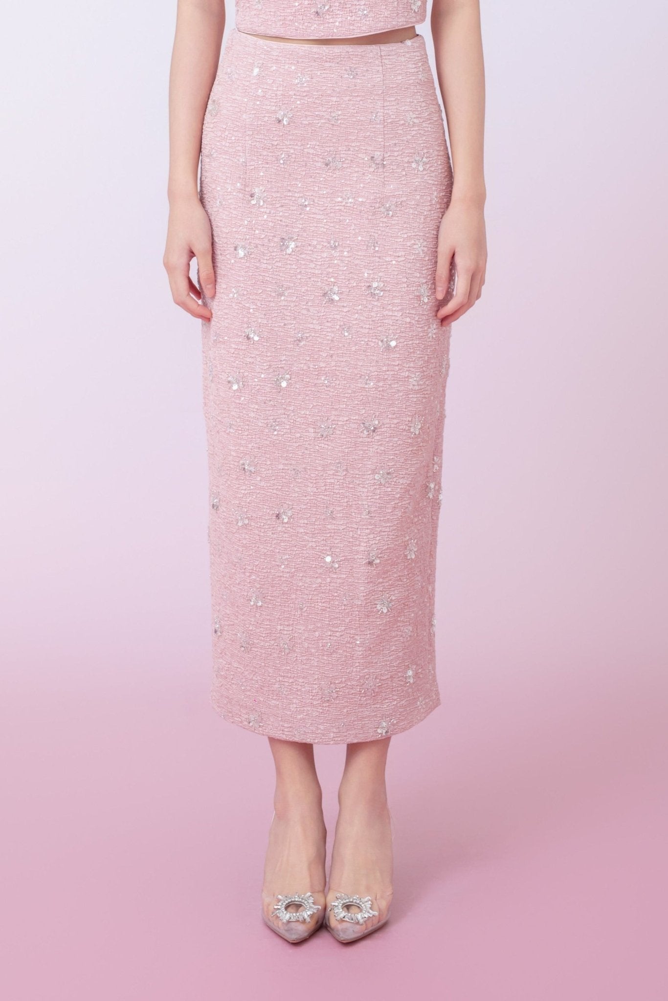 Kaylin Pink Tweed With Embellishments Midi Skirt - Nimisski