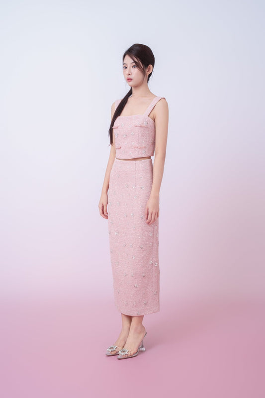 Kaylin Pink Tweed With Embellishments Midi Skirt - Nimisski