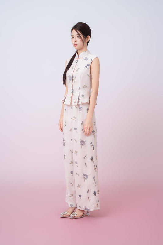 Kylee Soft Pink With Black Floral Embroidered Straight - Leg Pants - Nimisski