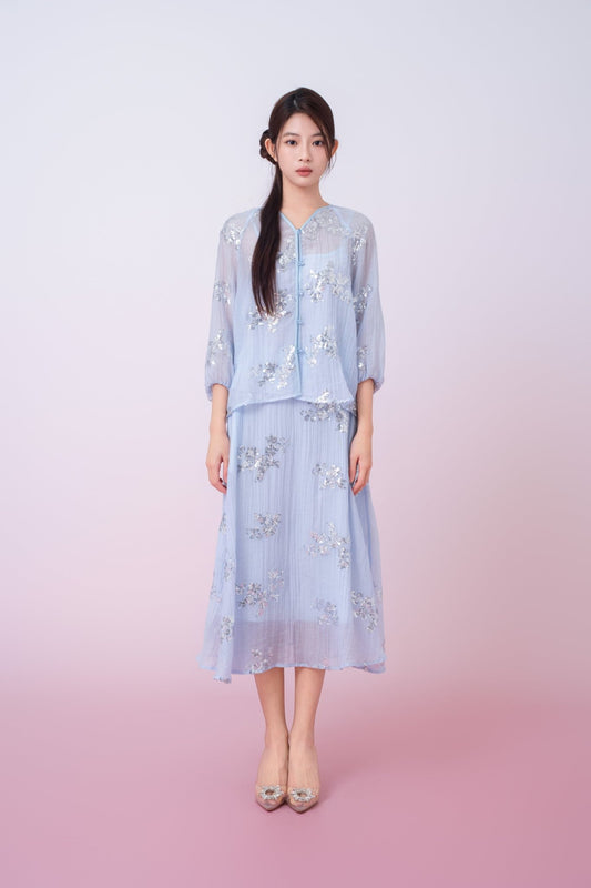Keily Light Blue Sequined Sheer Organza Long Sleeve Top - Nimisski