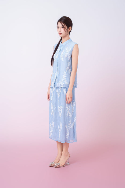 Kyla Light Blue With White Floral Midi Skirt - Nimisski