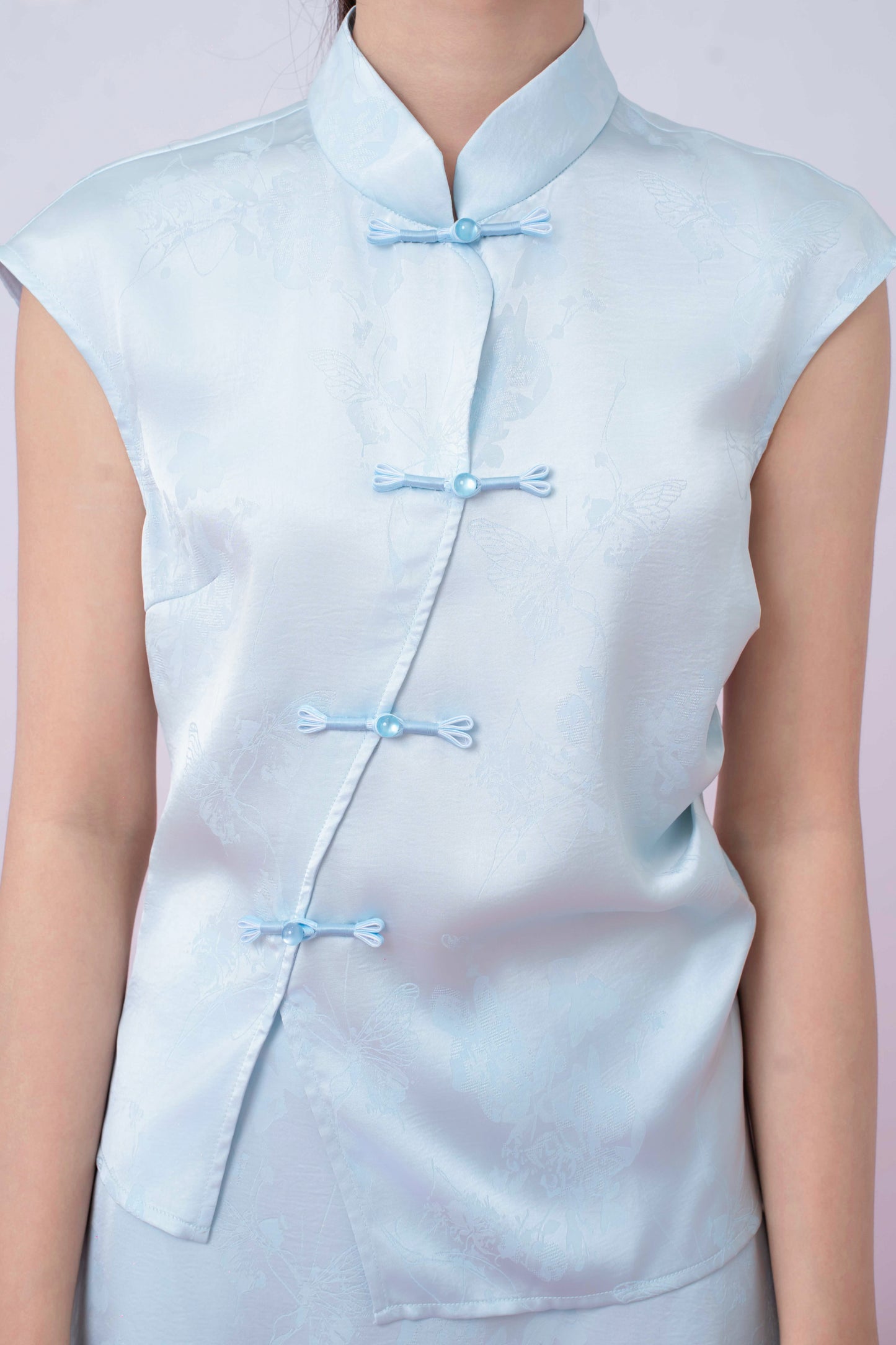 Kaylie Light Blue Jacquard Asymmetrical Cheongsam Top