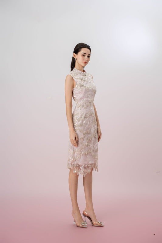 Glennetta Pink With Sliver Sequin Sleeveless Dress - Nimisski