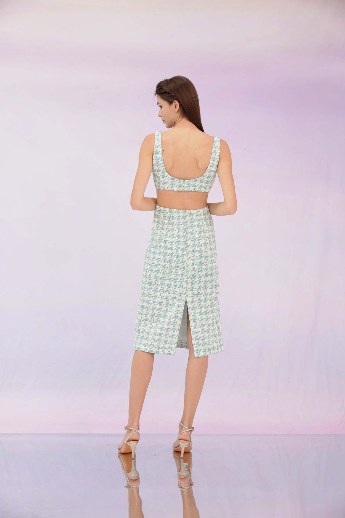 Gracee Light Green Open Back Tweed Dress