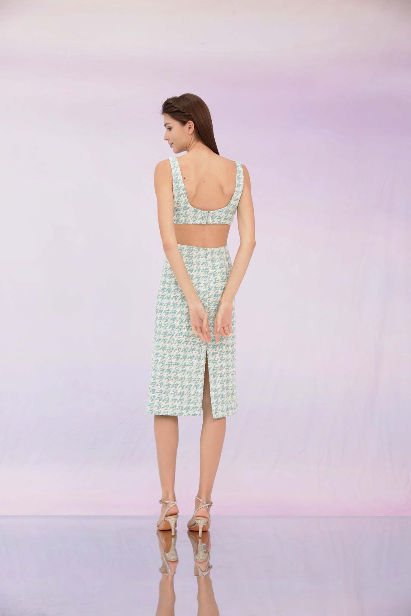 Gracee Light Green Open Back Tweed Dress