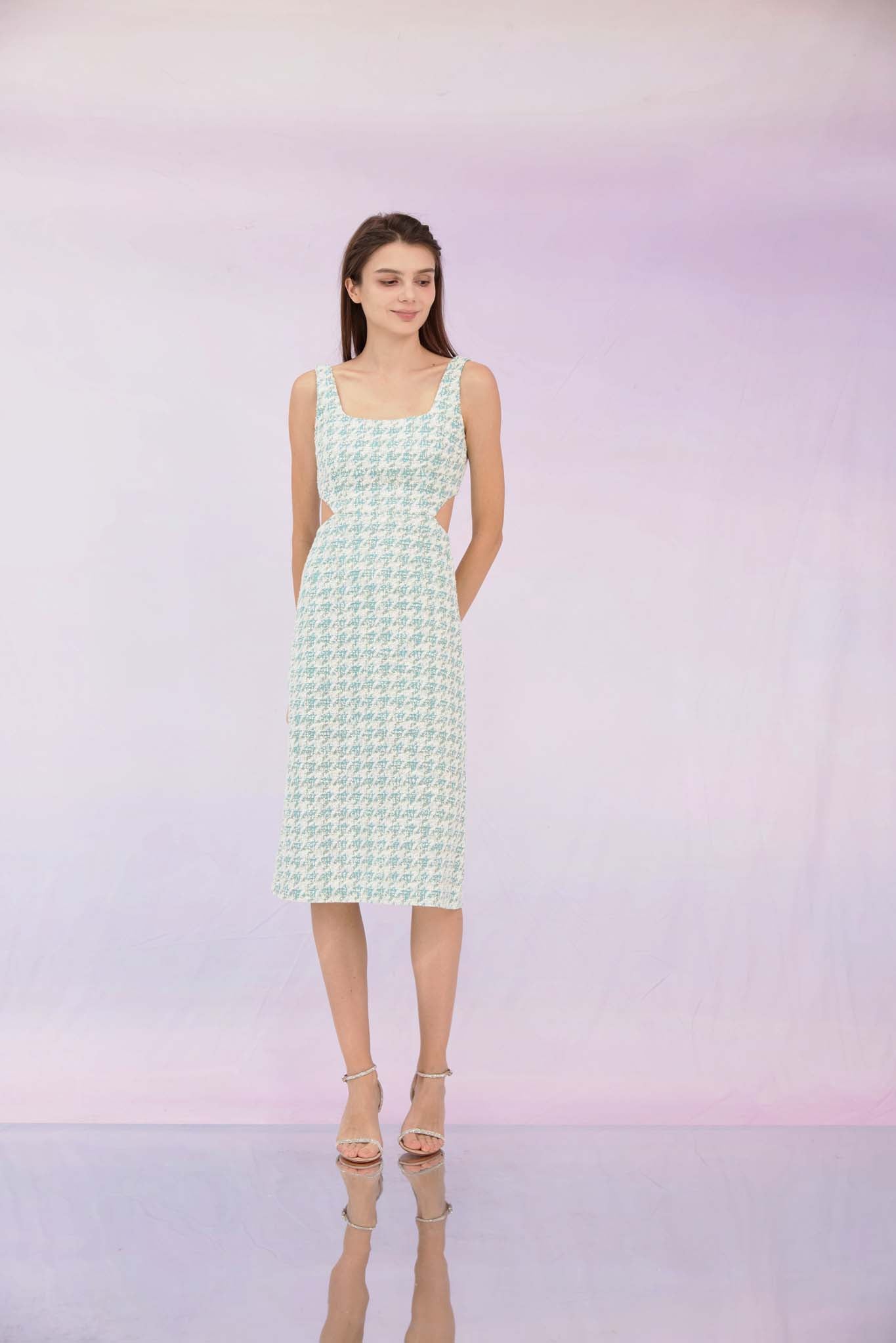 Gracee Light Green Open Back Tweed Dress