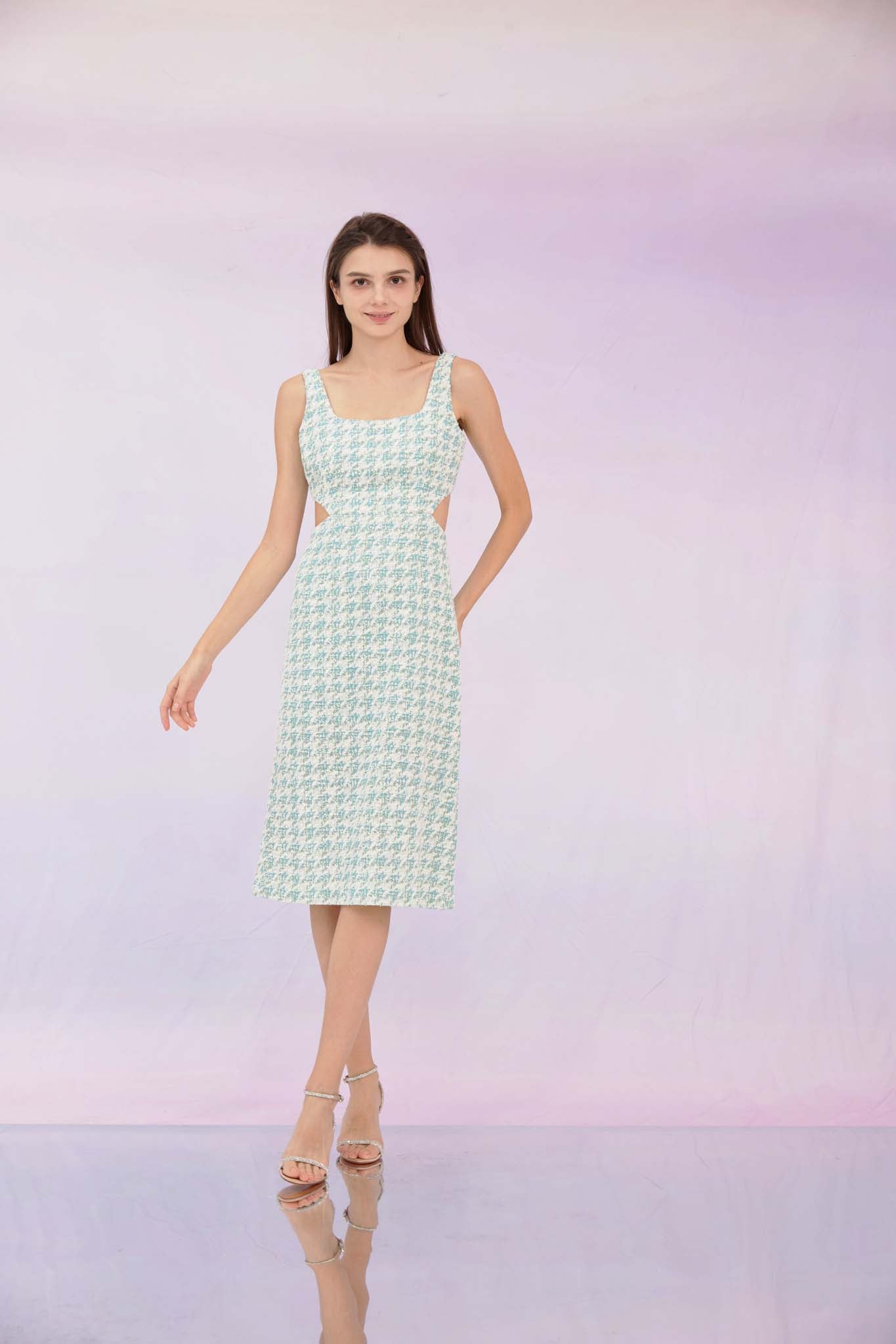 Gracee Light Green Open Back Tweed Dress