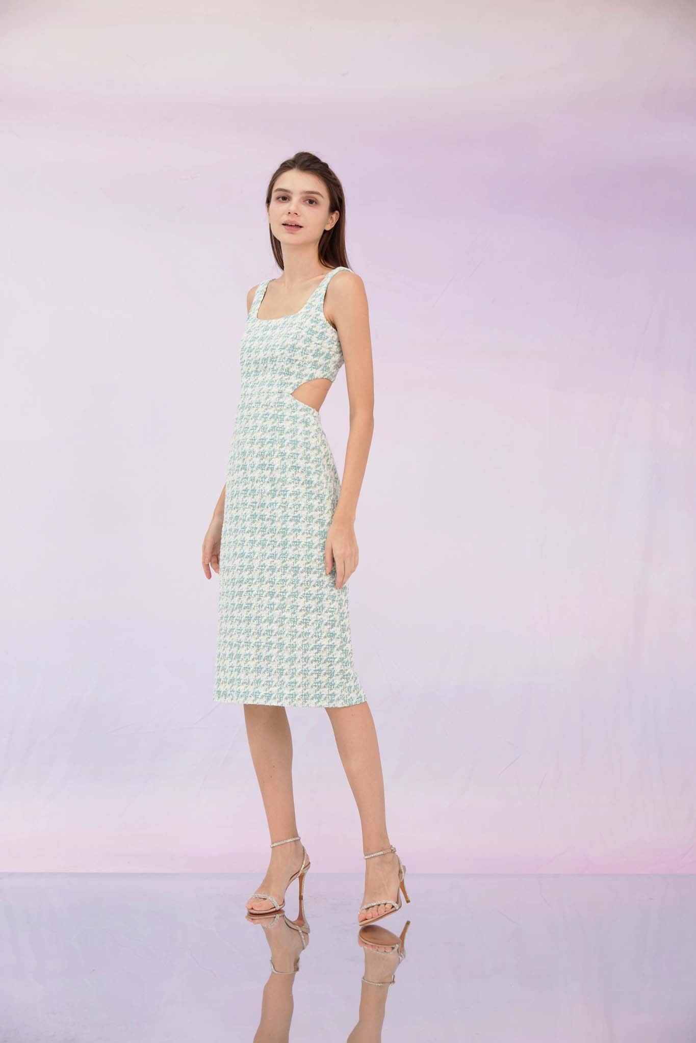 Gracee Light Green Open Back Tweed Dress