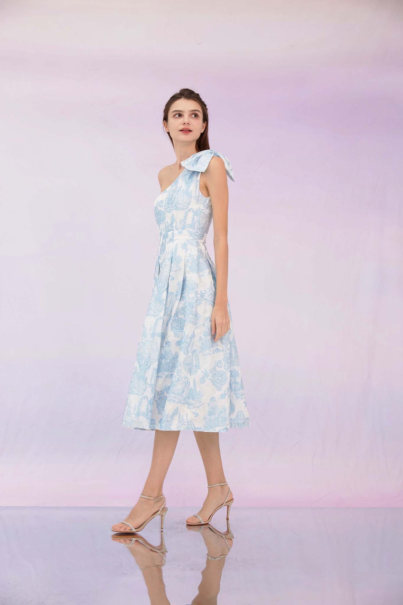 Gwenette Light Blue Animal Print White Dress