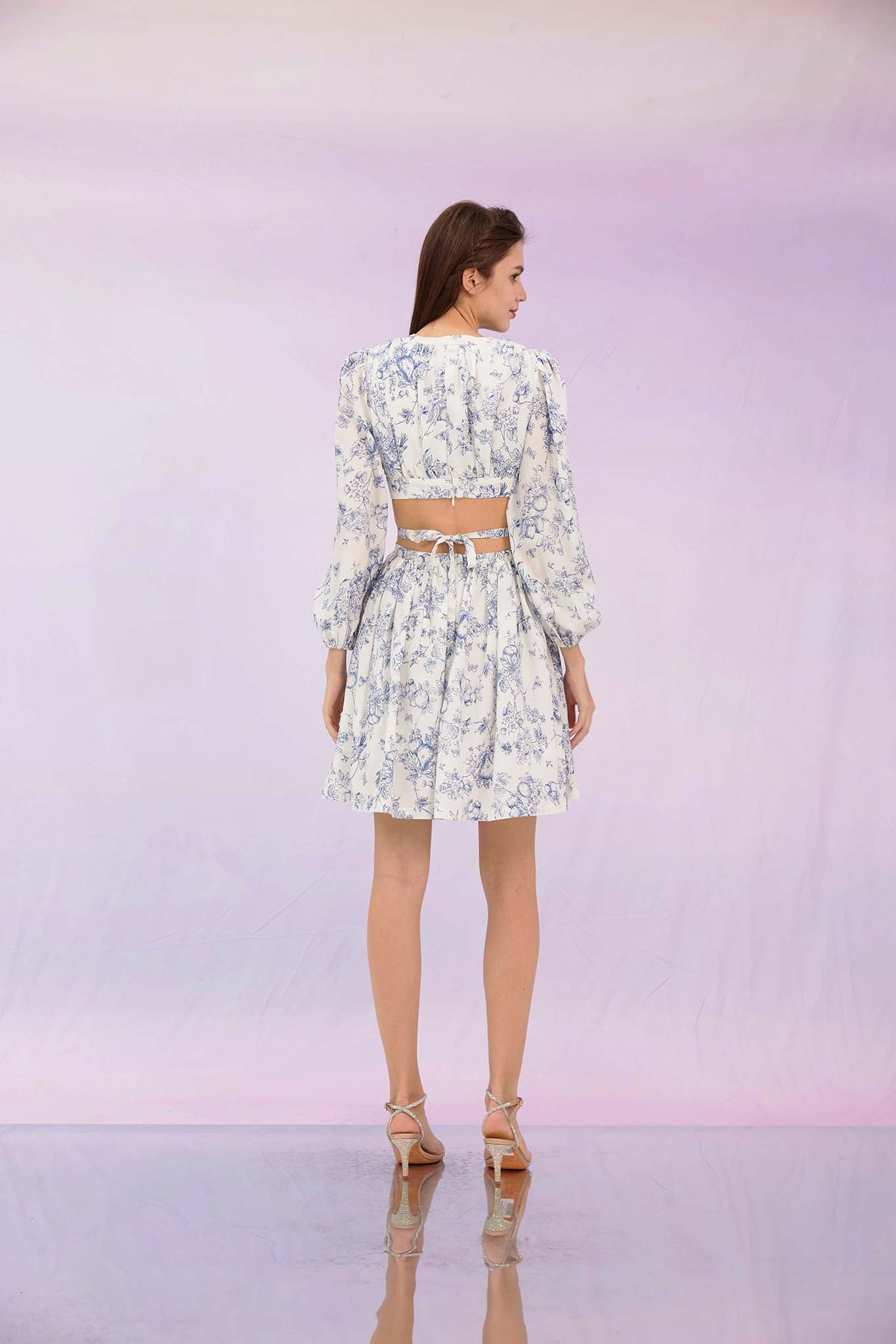 Graziana Blue Print Cut-Off Mid Dress