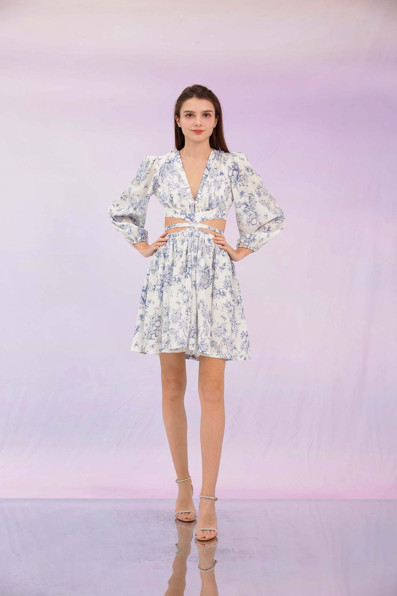 Graziana Blue Print Cut-Off Mid Dress