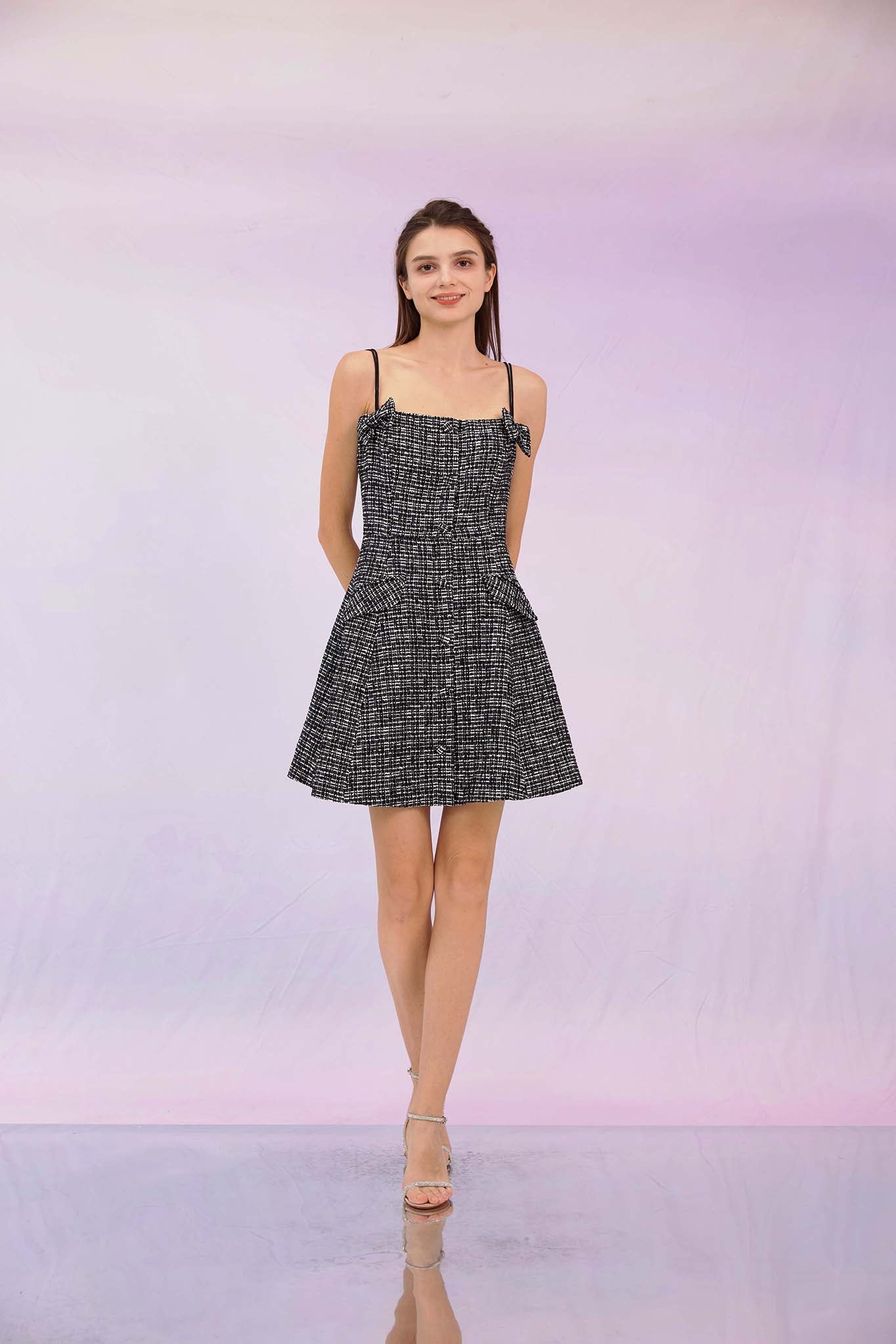 Gloribel Black Ribbon Tweed Dress