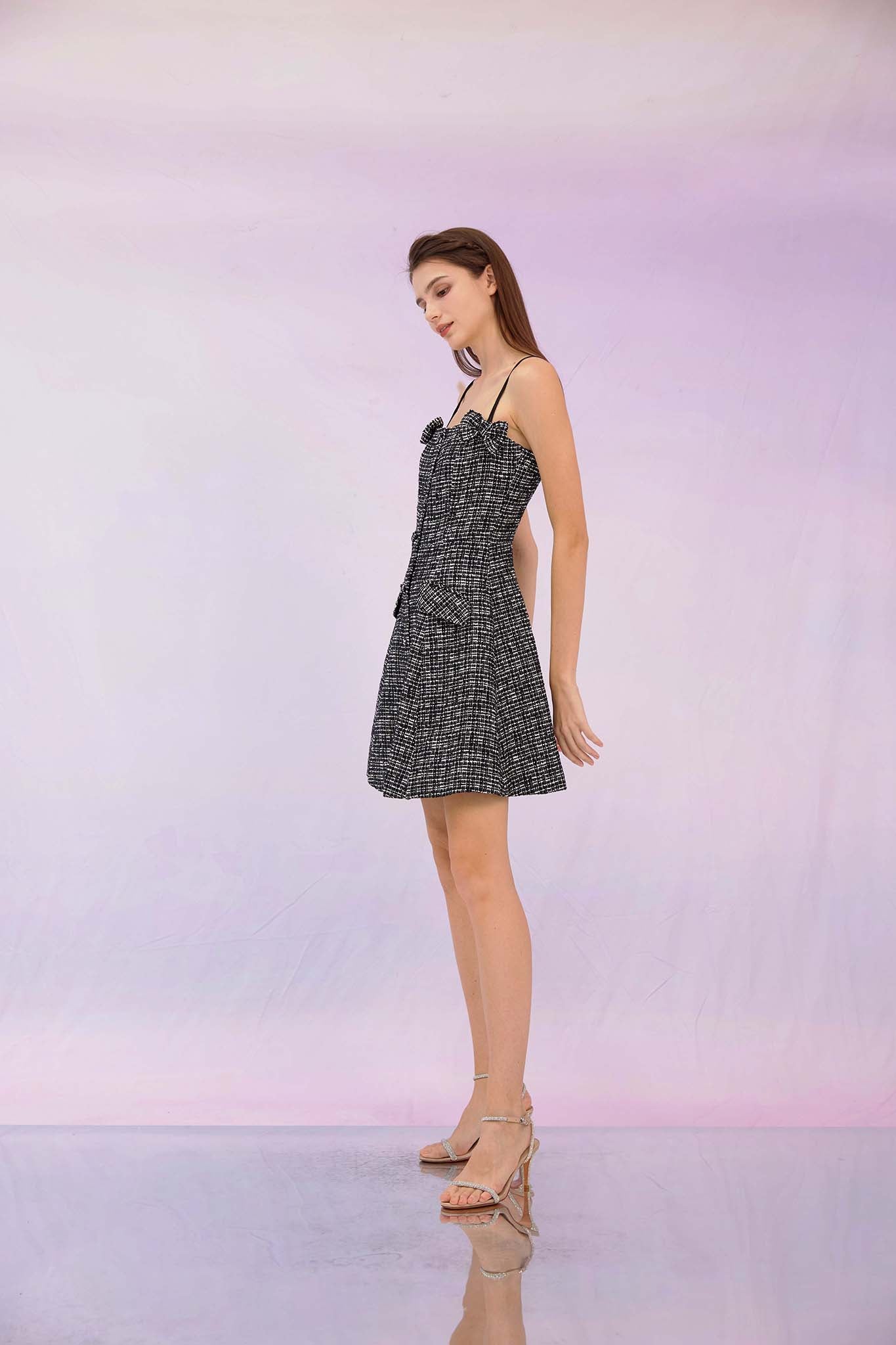 Gloribel Black Ribbon Tweed Dress