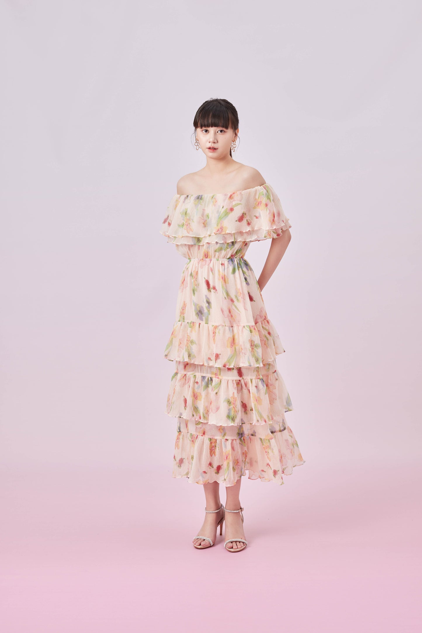 Gracelyn Peach Floral Print Tier Dress