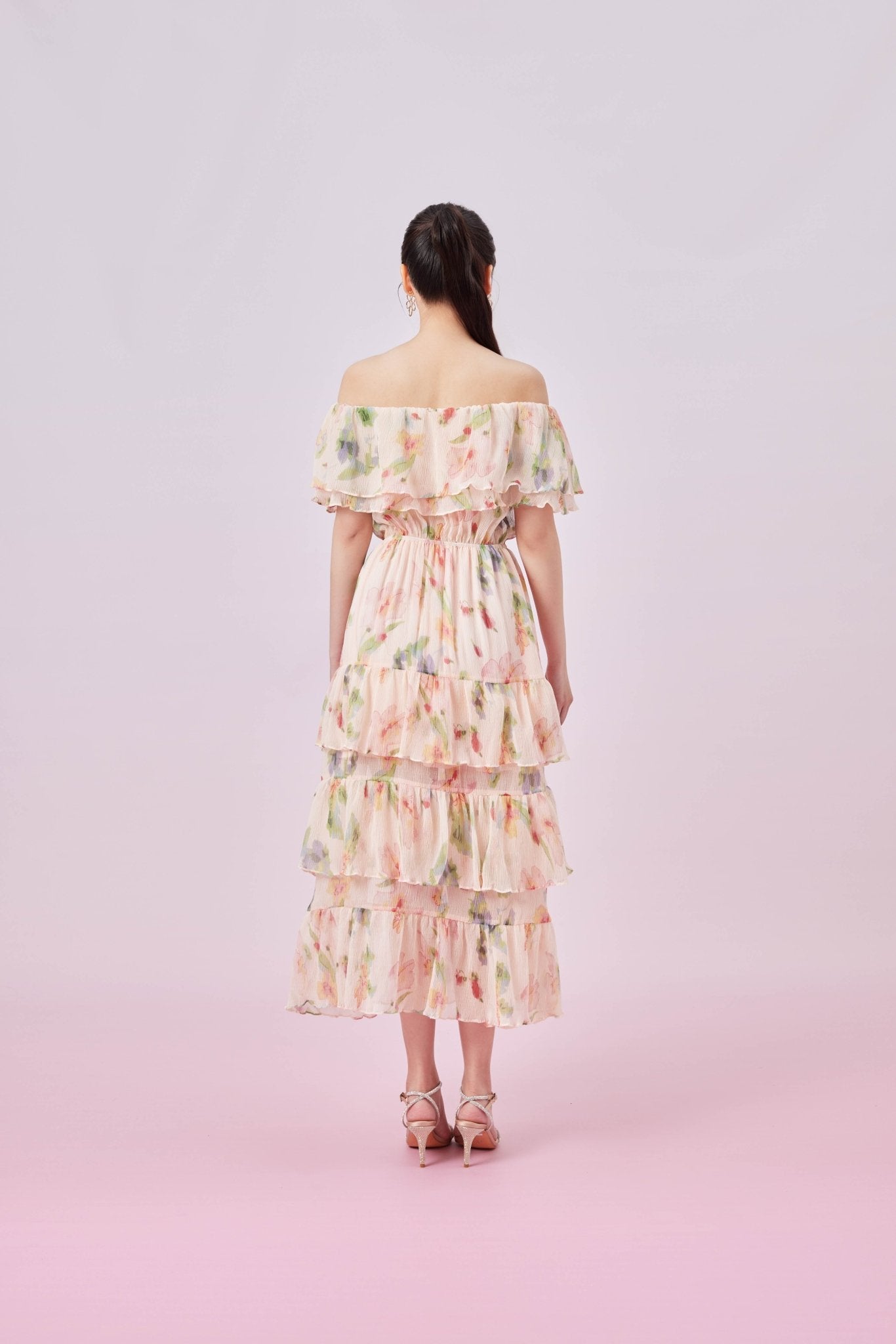 Gracelyn Peach Floral Print Tier Dress - Nimisski