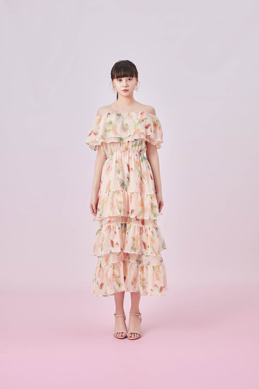 Gracelyn Peach Floral Print Tier Dress - Nimisski