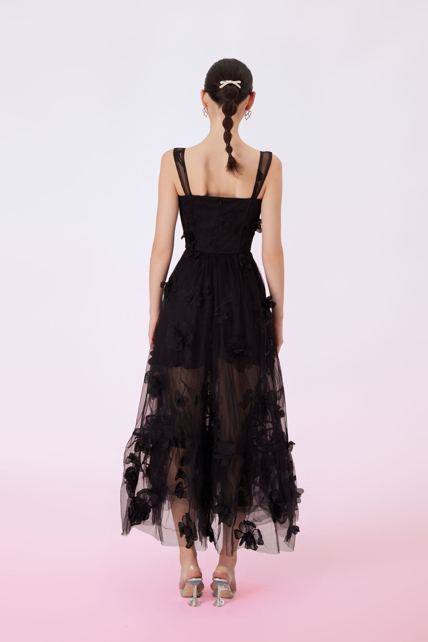 Freddi Black 3D Flower Long Dress