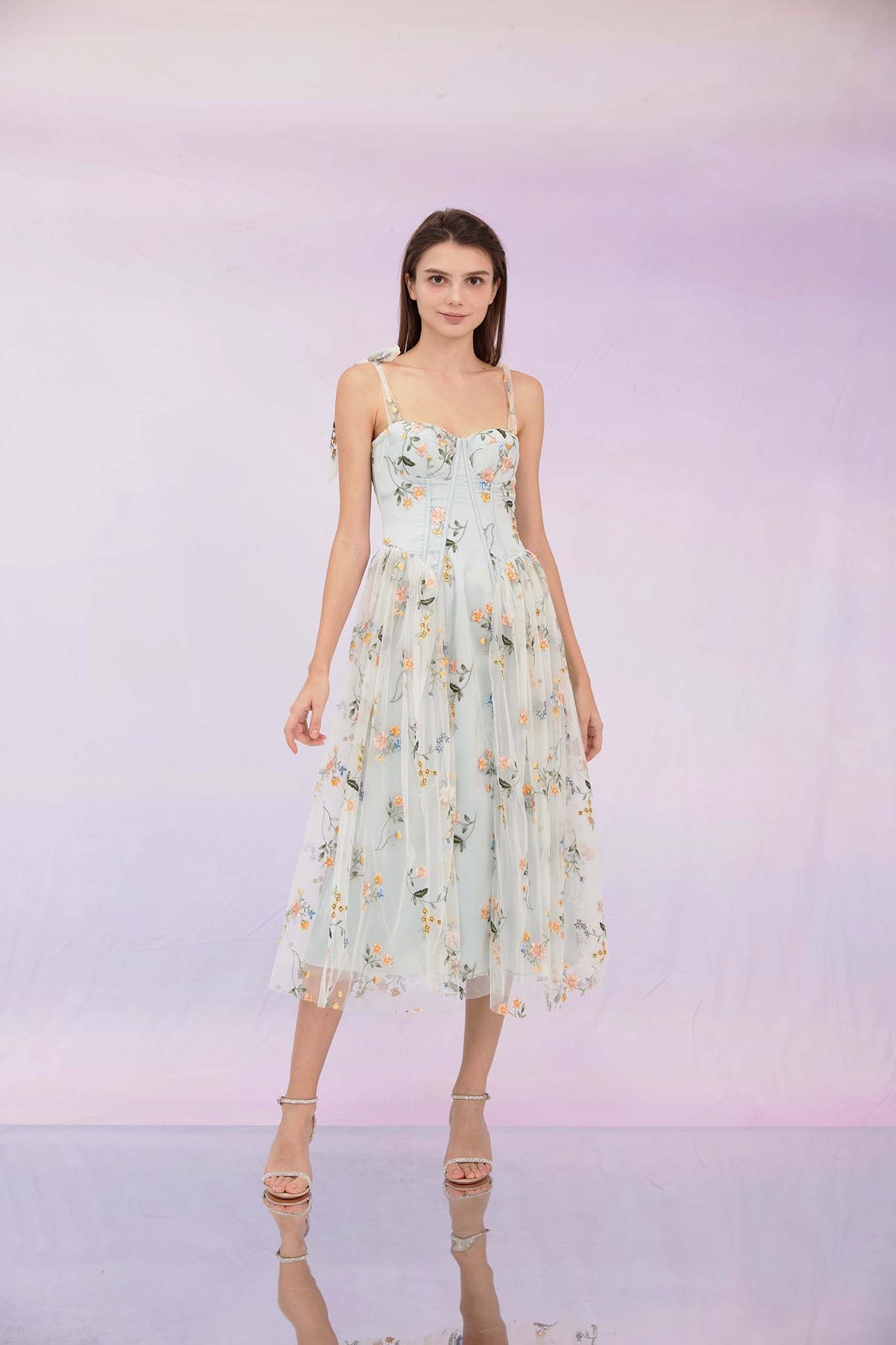 Grainne Pastel Mint Blue Flower Dress