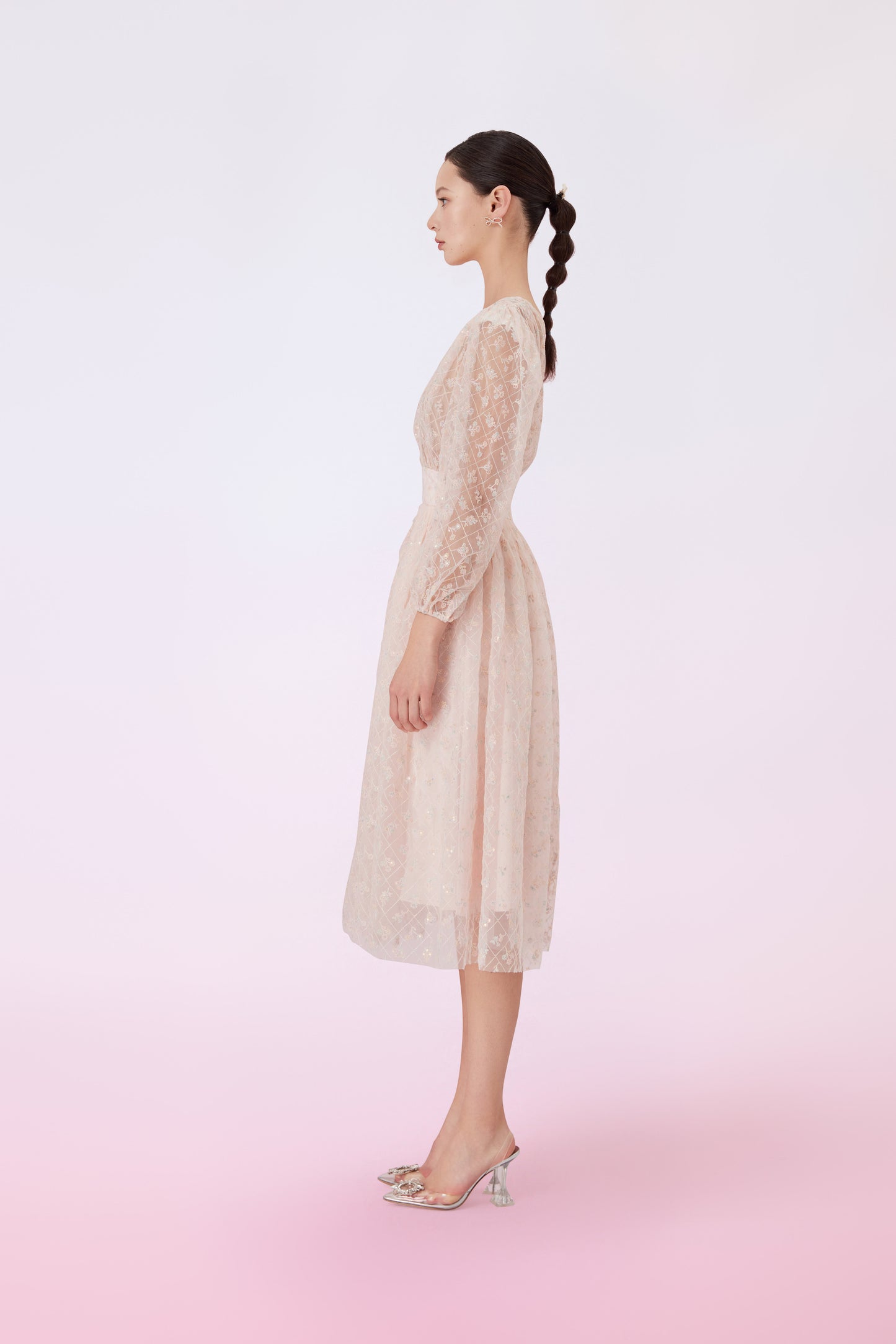 Glyn Peach Mesh Midi Dress
