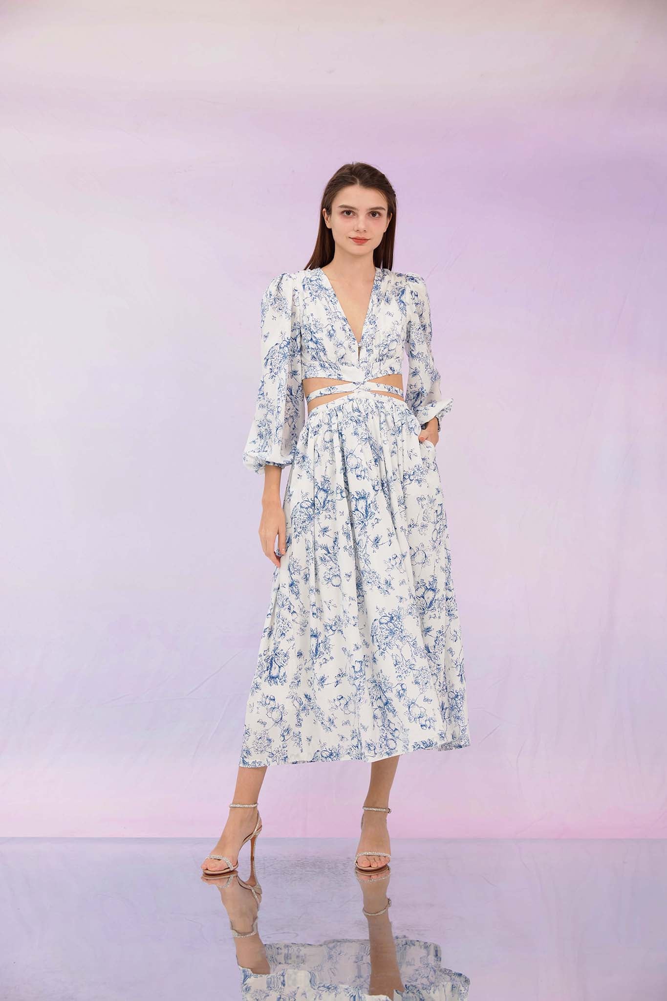 Genevive Blue Print Cut-Off Dress