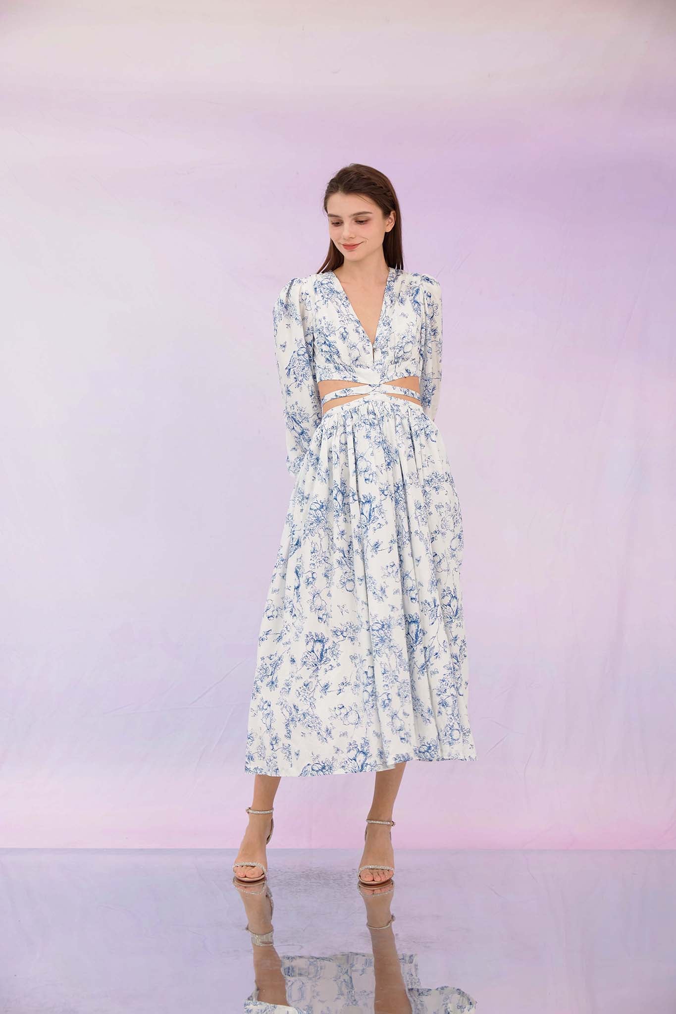 Genevive Blue Print Cut-Off Dress