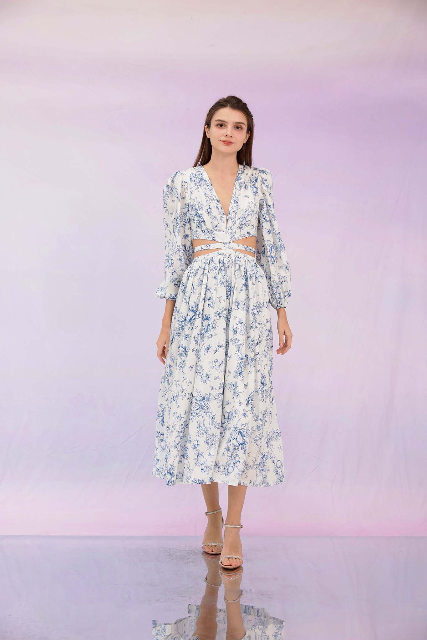 Genevive Blue Print Cut-Off Dress
