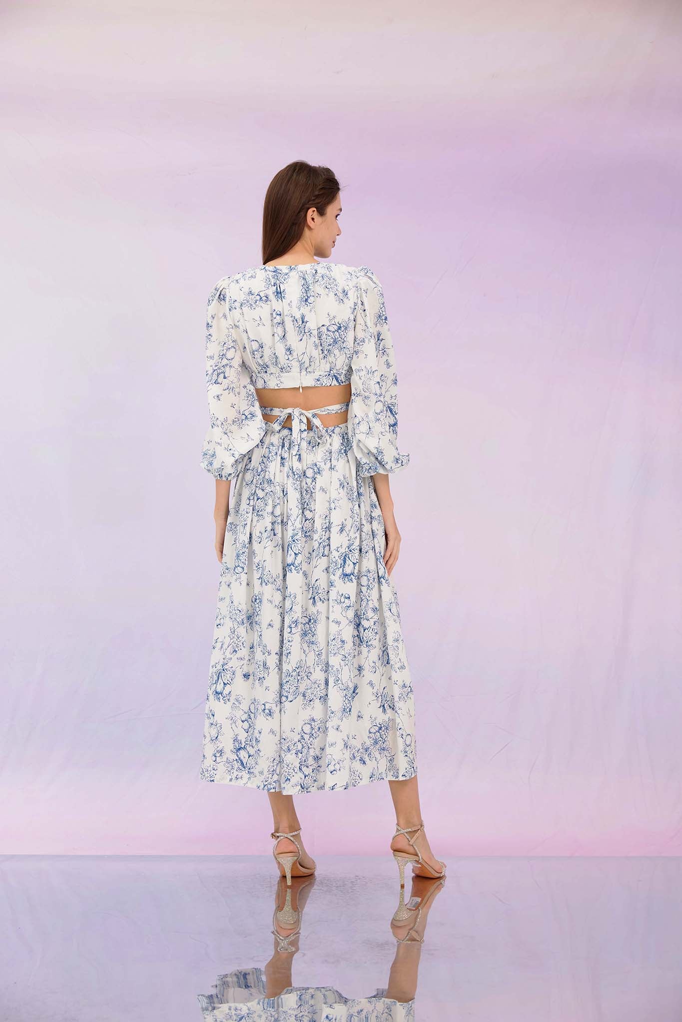 Genevive Blue Print Cut-Off Dress