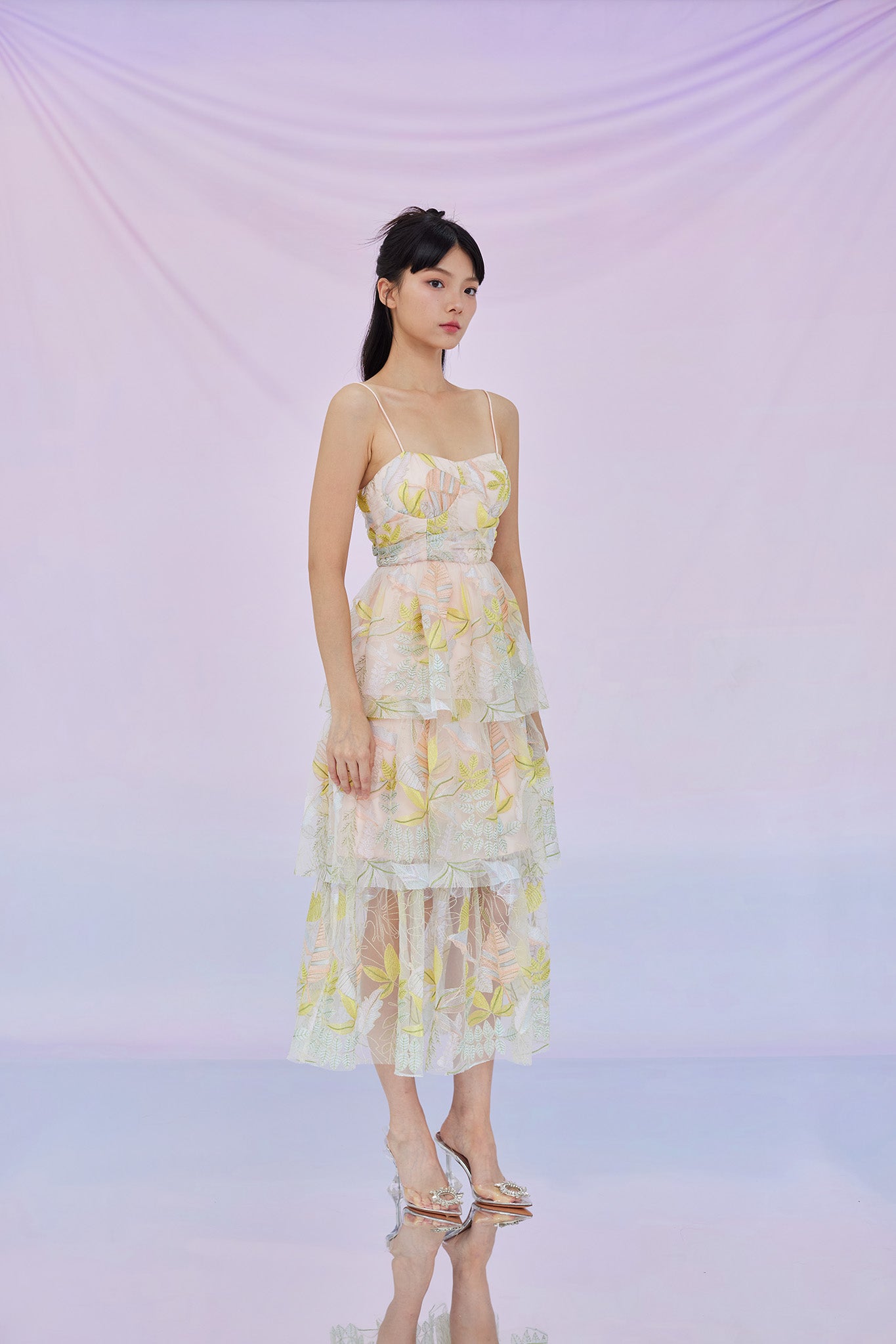 Ghita Pink Leaf Tiered Dress