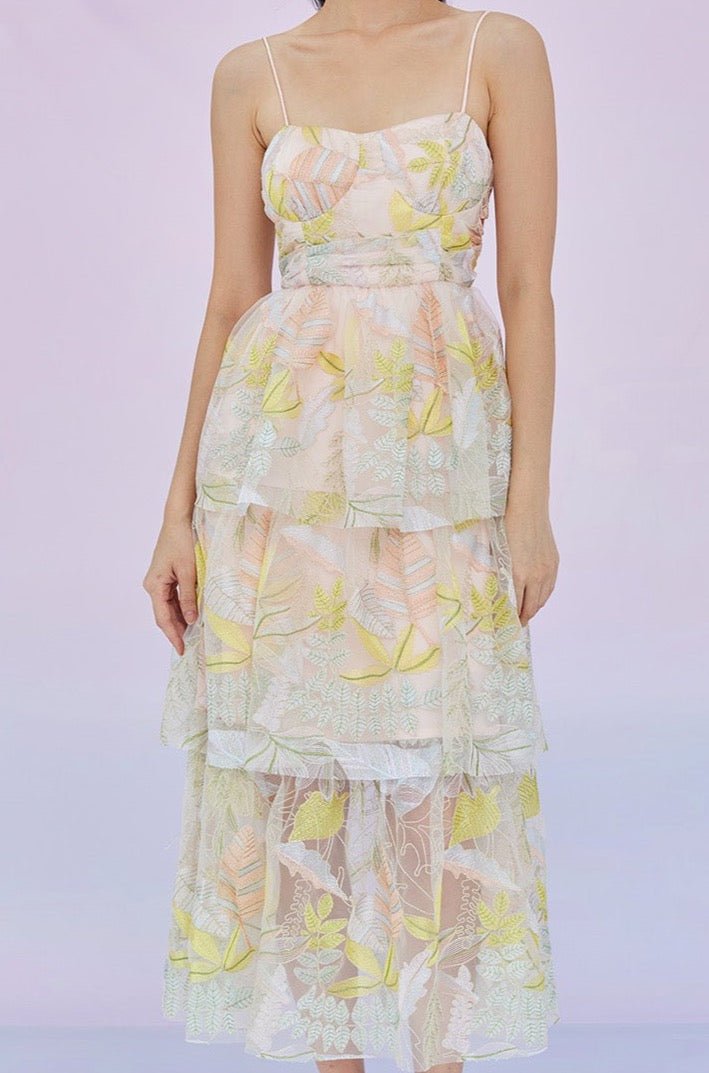 Ghita Pink Leaf Tiered Dress - Nimisski