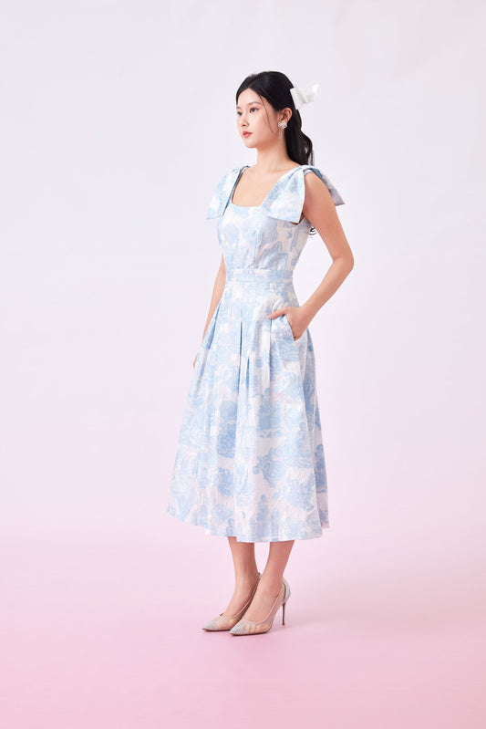 Gwenn Light Blue Print U - Neck Dress - Nimisski
