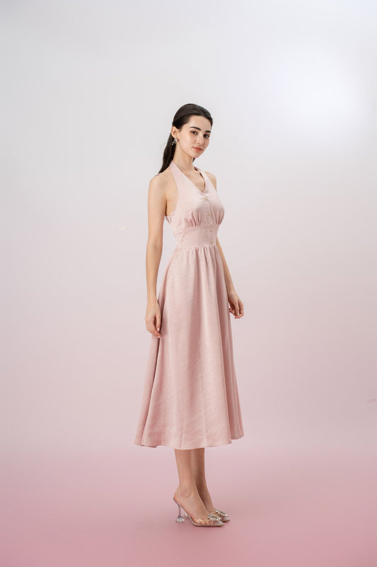 Genivieve Pink Twinkle Button Halter Dress - Nimisski