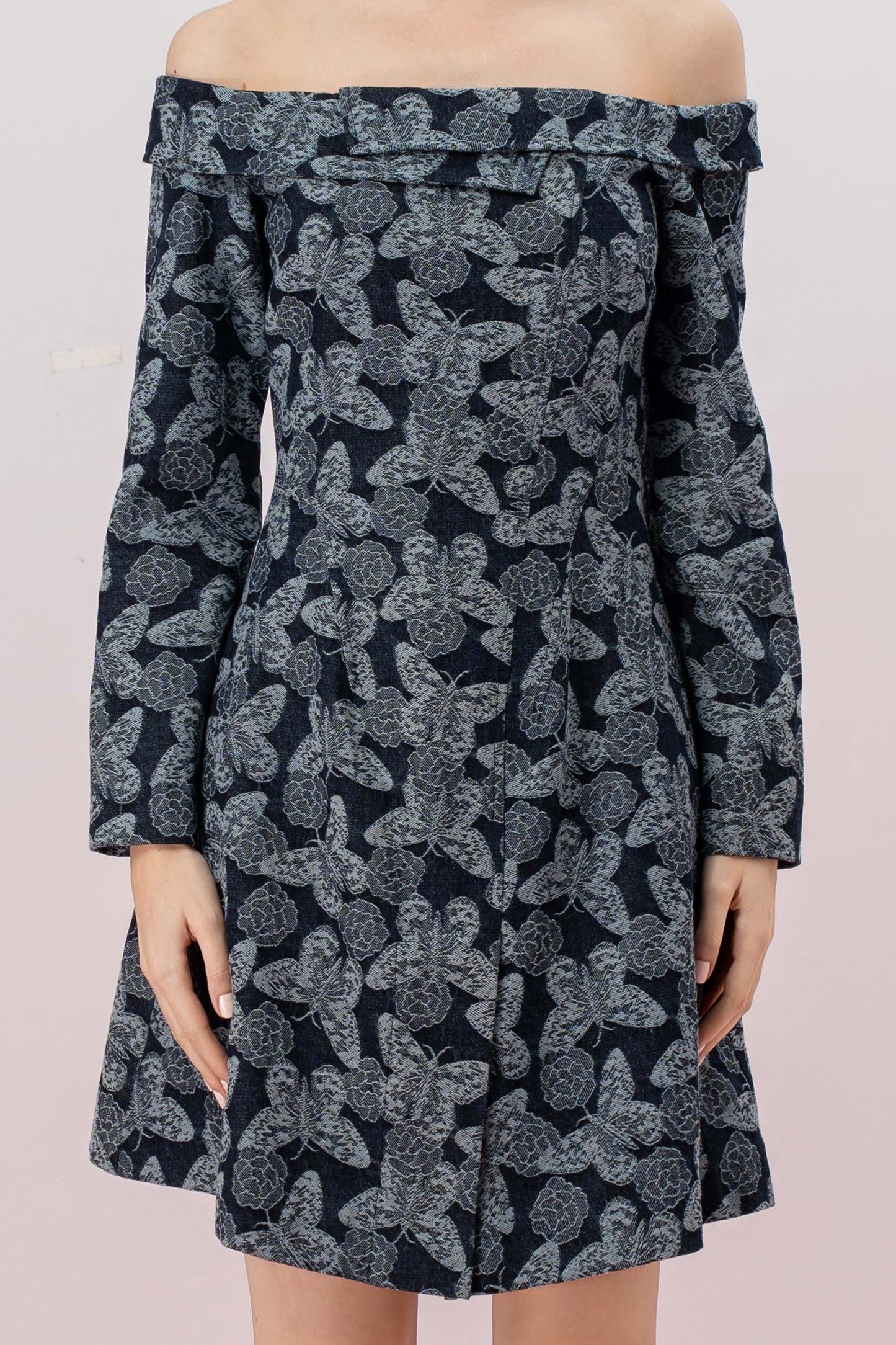 Isme Blue Butterfly Print Off Shoulder Dress