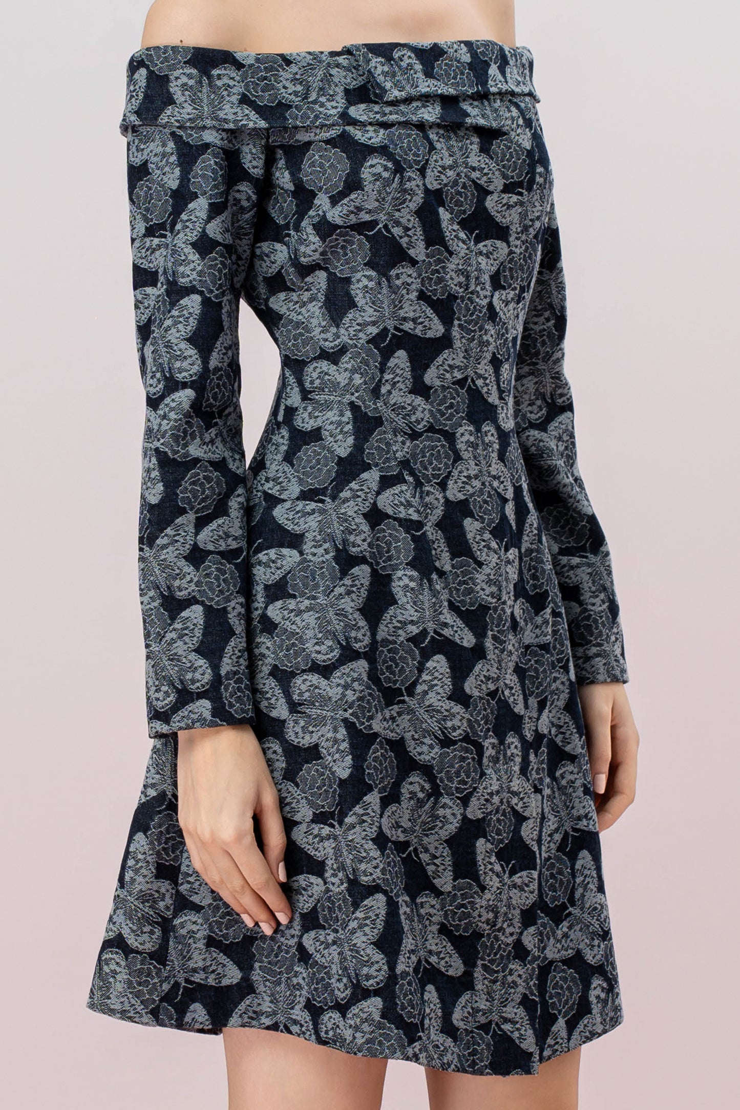 Isme Blue Butterfly Print Off Shoulder Dress