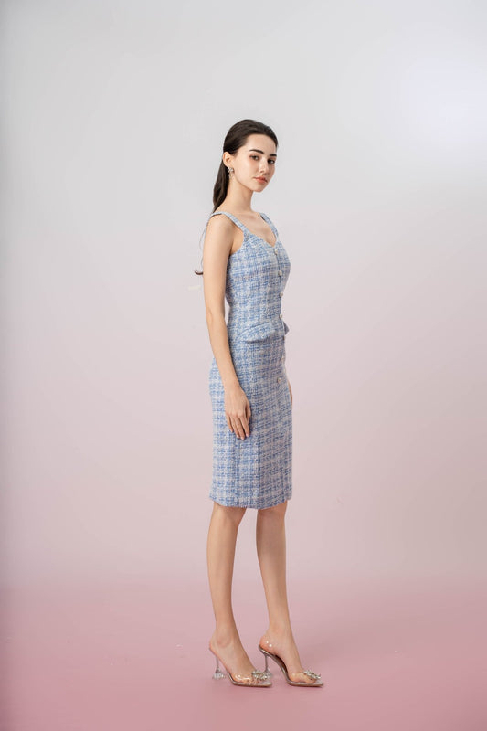 Ghislain Blue Tweed Strap Dress - Nimisski