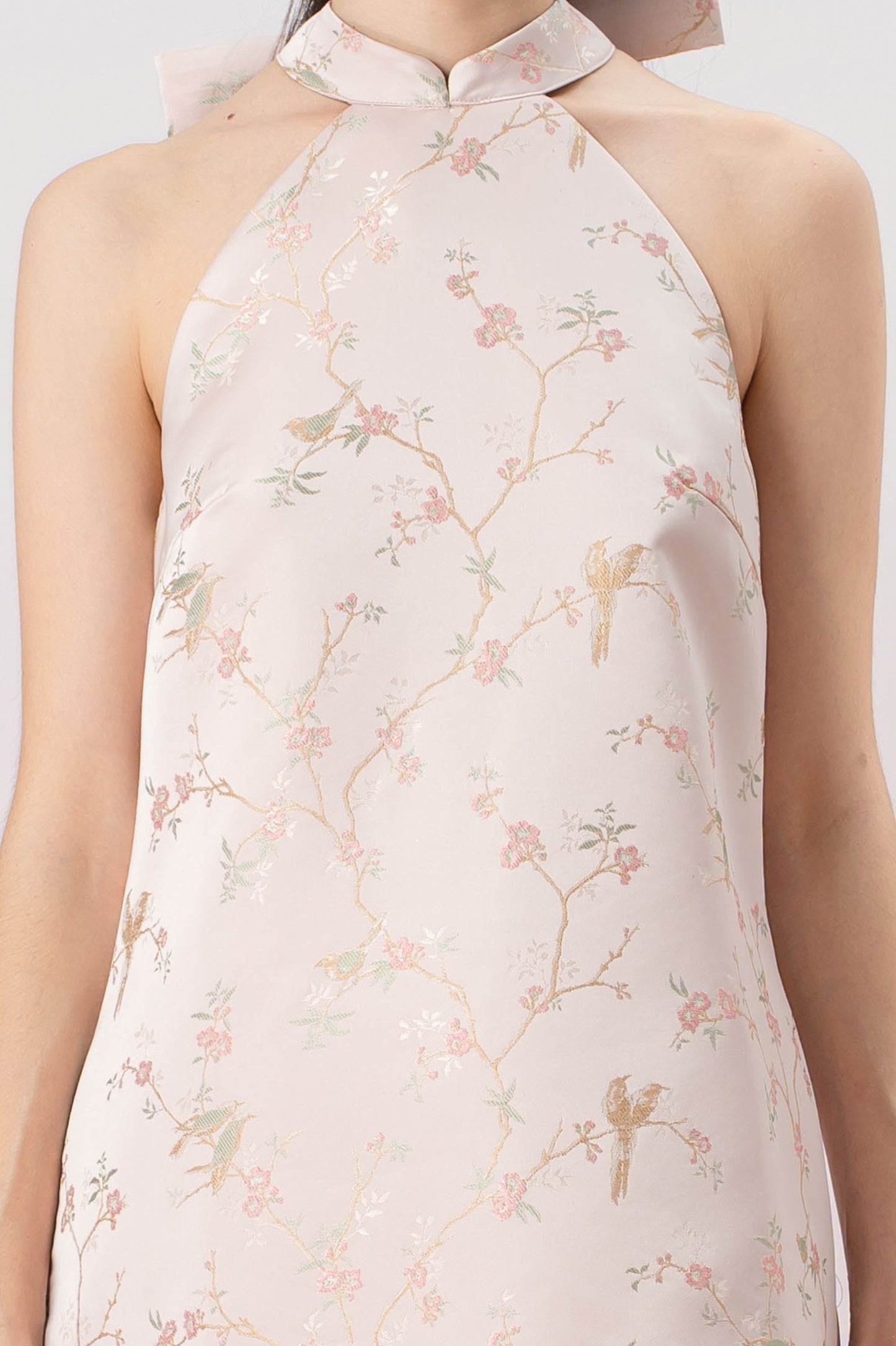 Ivett Pink Plum Blossom Print Halter Neck Dress