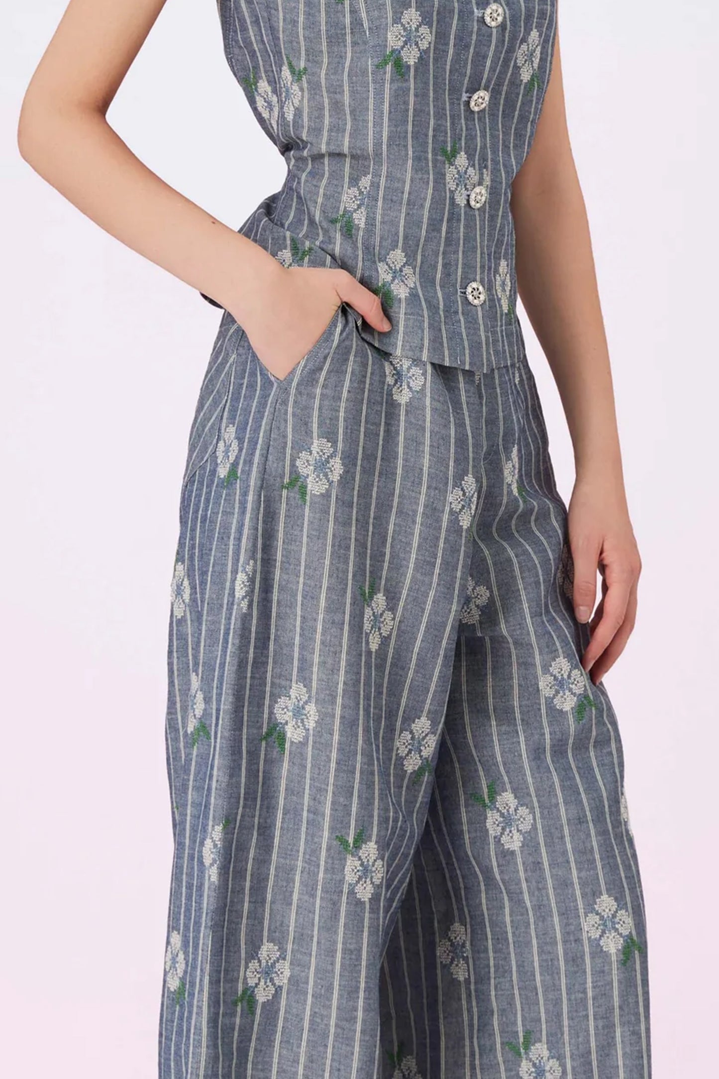 Geila White Emboss Blue Denim Wide Pants