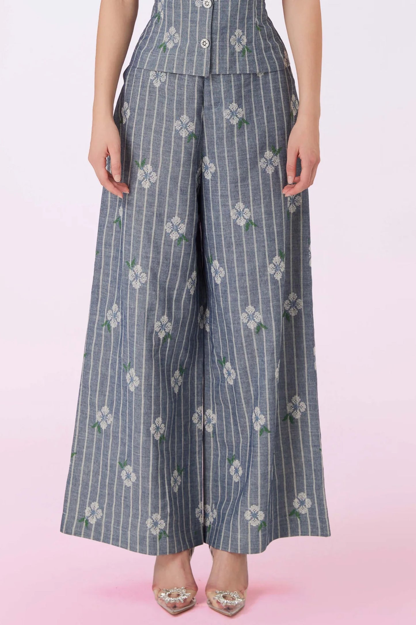 Geila White Emboss Blue Denim Wide Pants