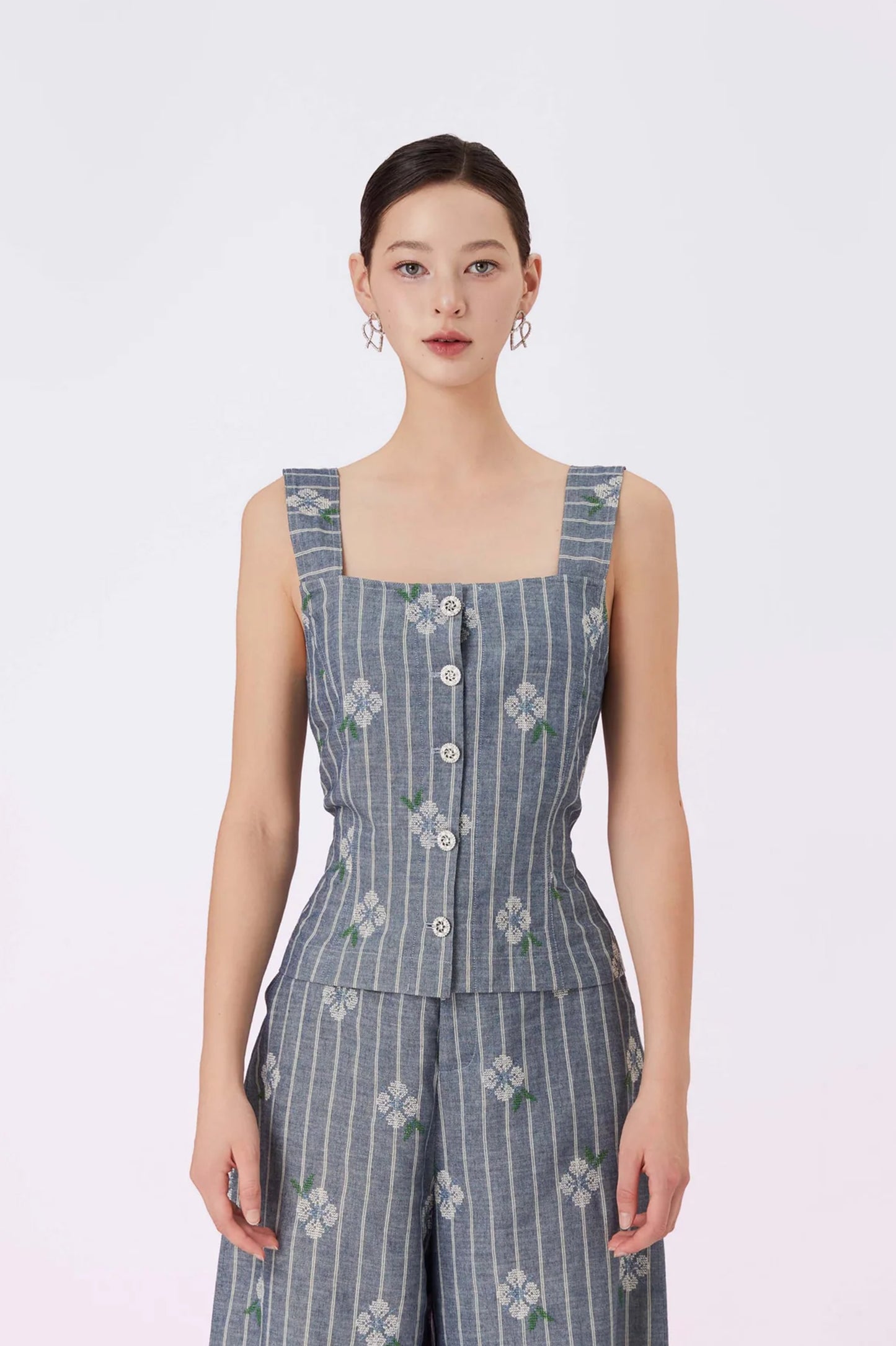 Geila White Emboss Blue Denim Strap Top