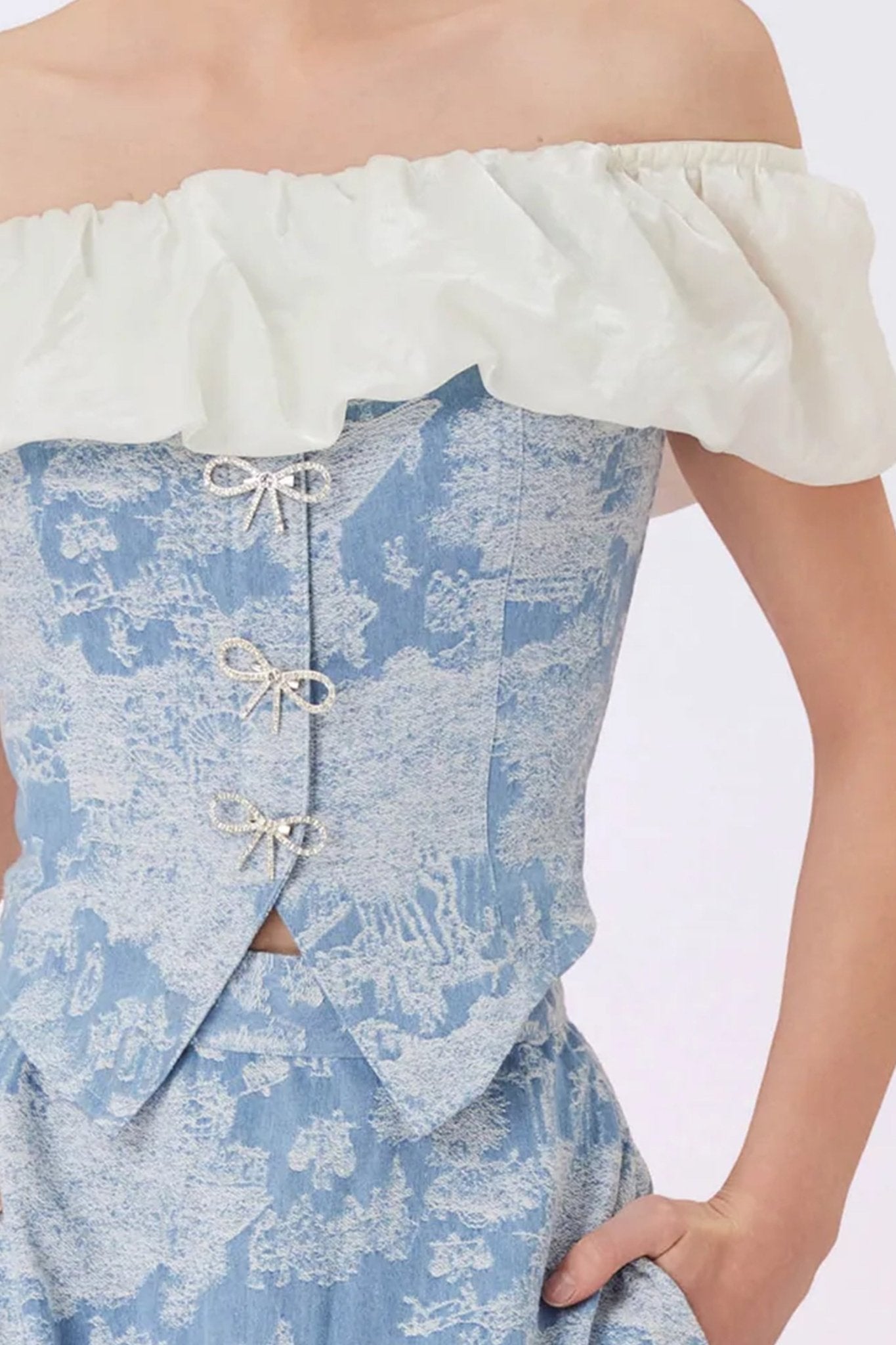 Geenya Blue Printed Denim Off - Shoulder Top - Nimisski