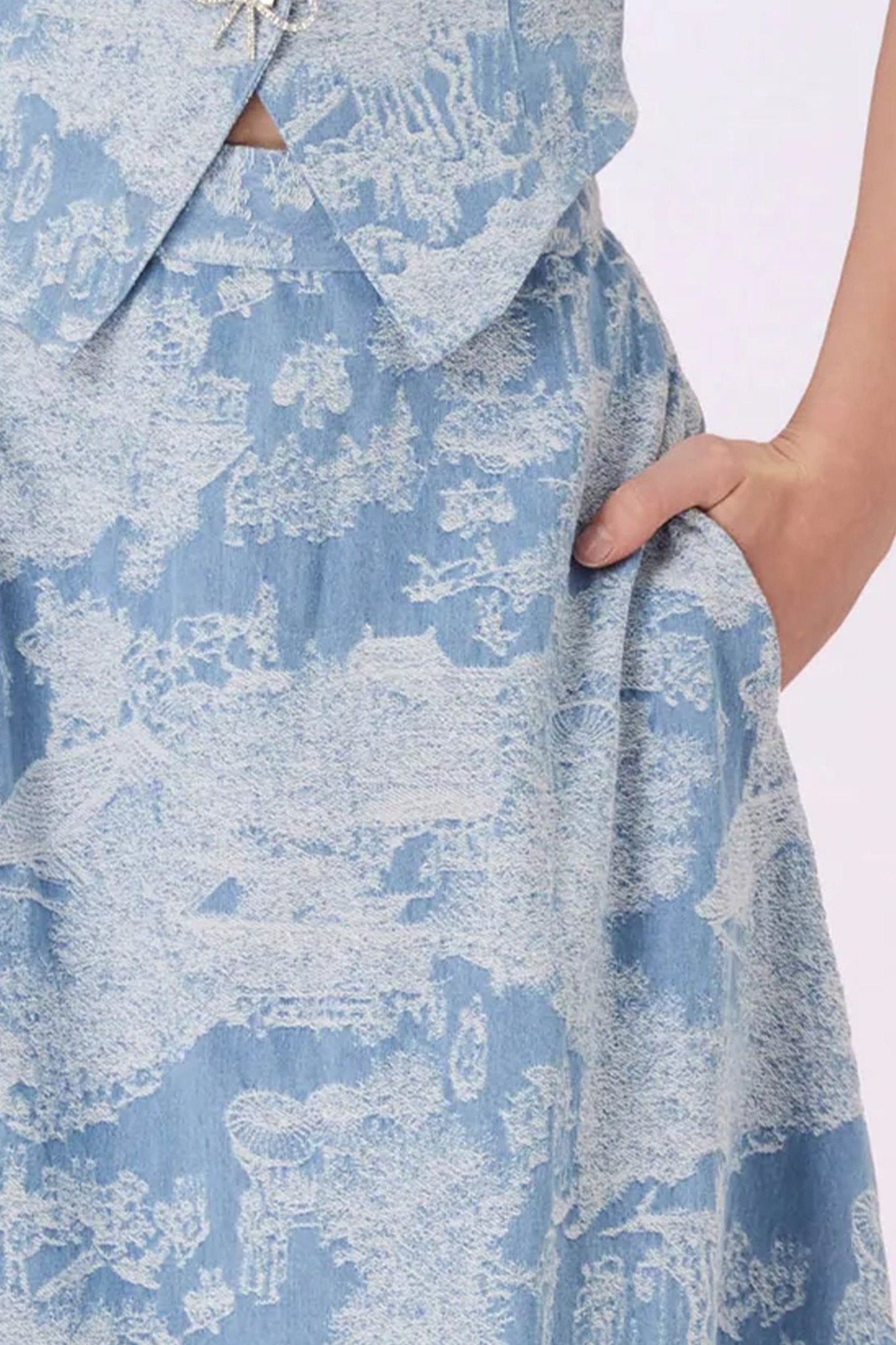 Geenya Blue Printed Denim A - Line Skirt - Nimisski