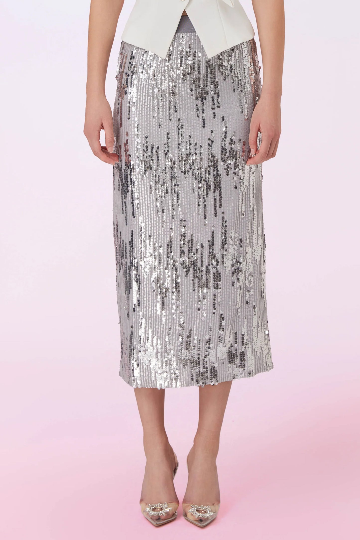 Gafna Silver Sequins Pencil Skirt