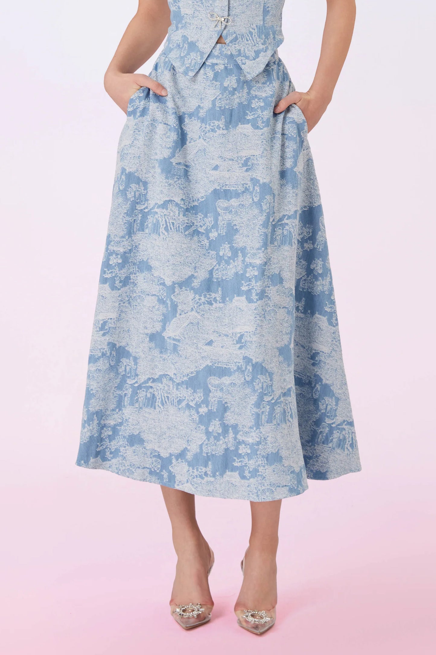 Geenya Blue Printed Denim A-Line Skirt