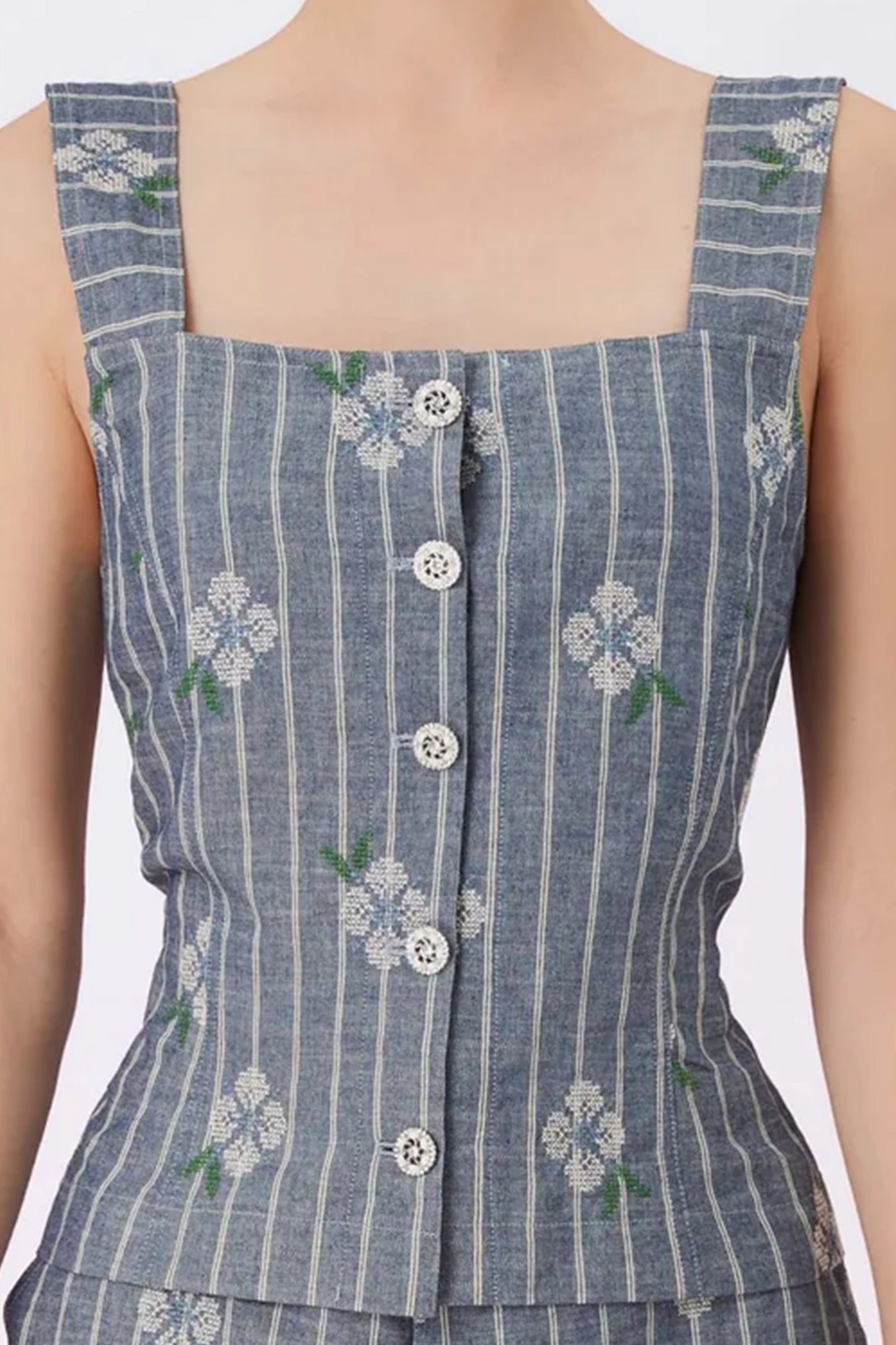 Geila White Emboss Blue Denim Strap Top