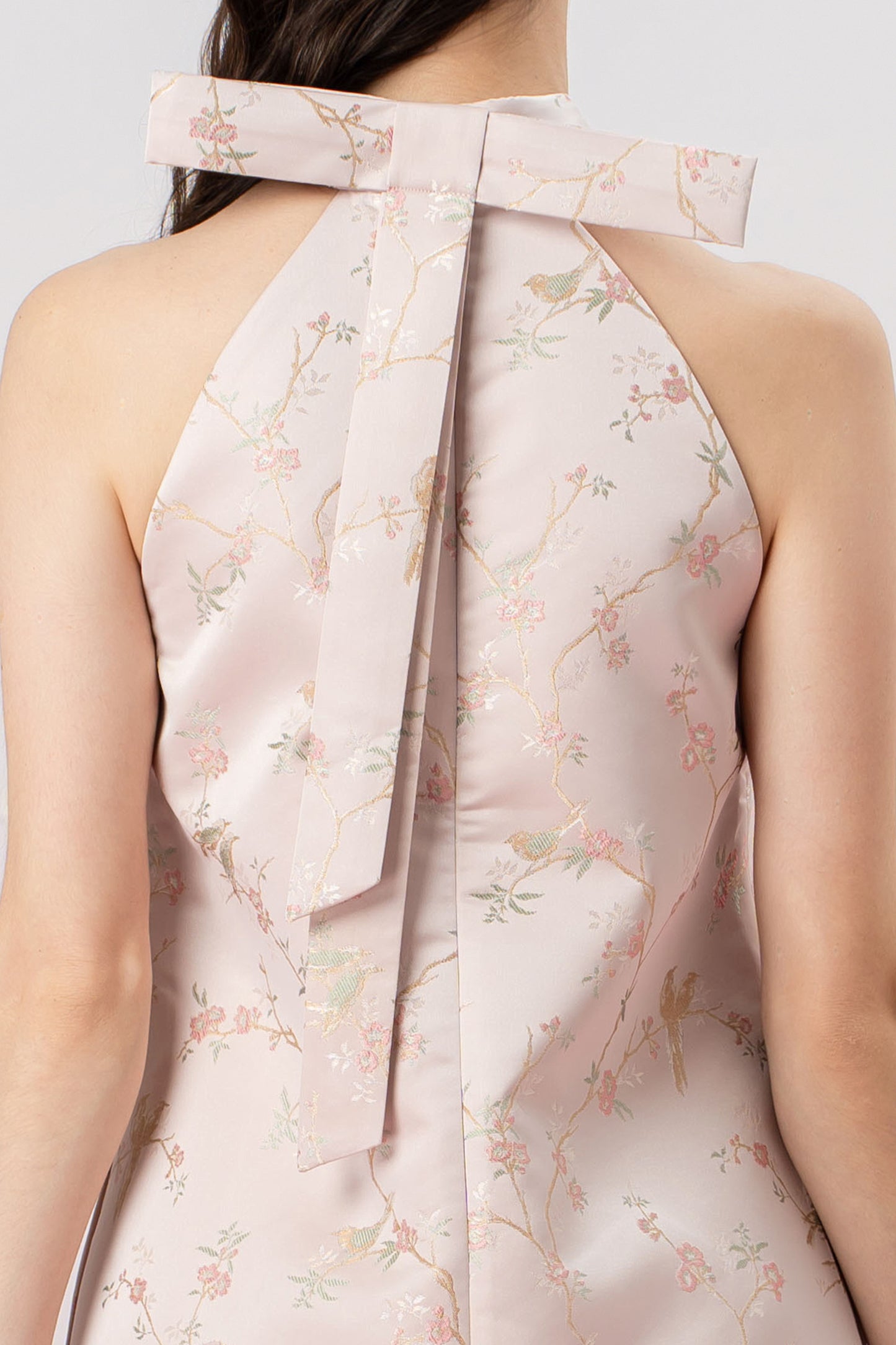 Ivett Pink Plum Blossom Print Halter Neck Dress