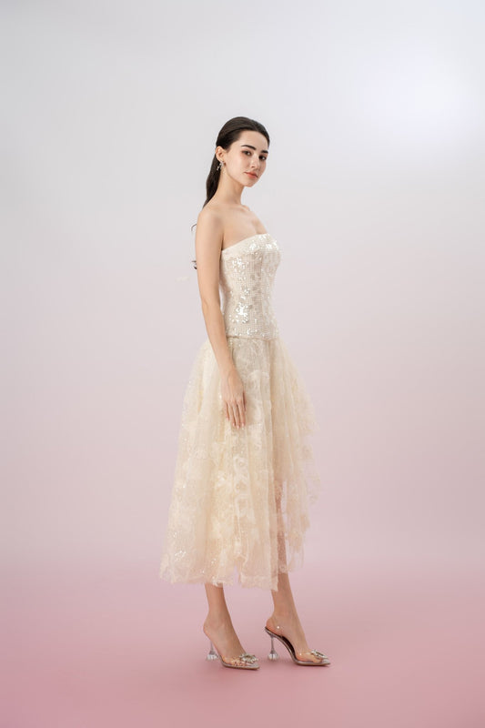 Heloise Cream Sequins And Mesh Asymmetrical Tube Dress - Nimisski