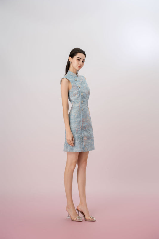 Jeanetta Blue Denim Modern Cheongsam Dress - Nimisski