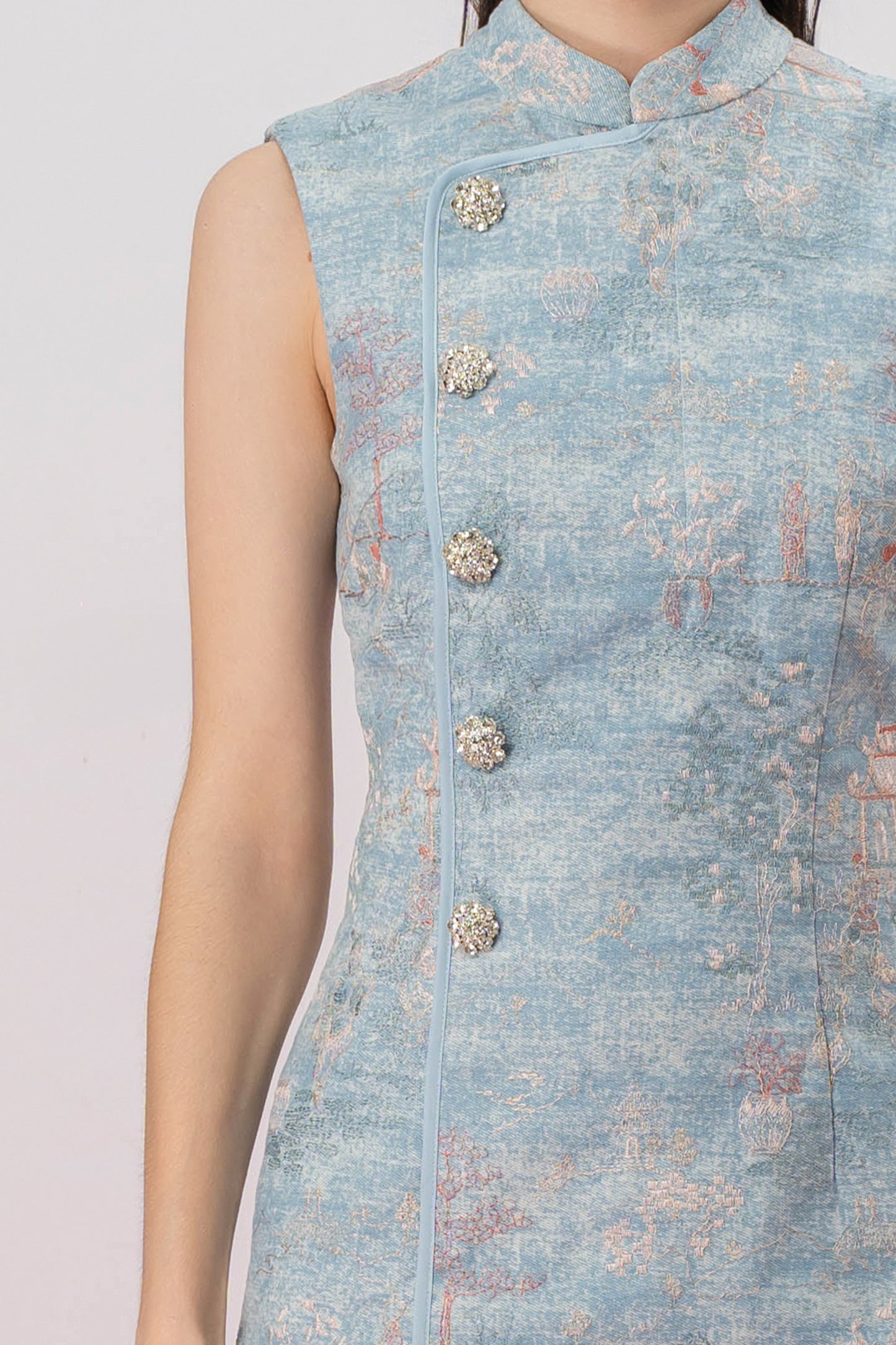Jeanetta Blue Denim Modern Cheongsam Dress