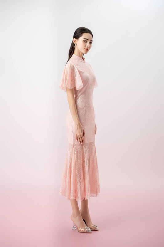 Jenavieve Pink Rose Lace Mermaid Dress - Nimisski
